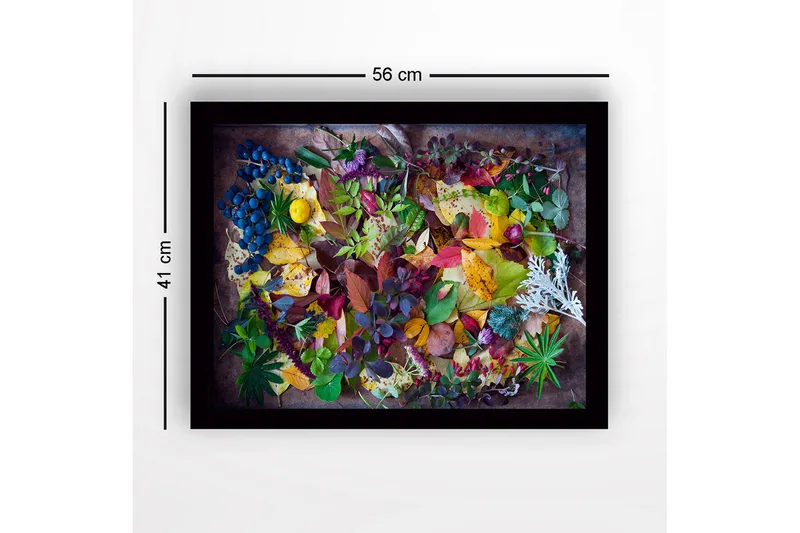 Innrammet lerretsbilde i tre - 41x56 cm - Fargerik samling av høstblader og bær - Grønn / Rød / Gul - Interiør - Maleri & posters - Lerretsbilder