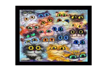 Innrammet lerretsbilde i tre - 41x56 cm - Fargerik samling av kattefjes med store øyne - Oransje / Svart / Blå - Interiør - Maleri & posters - Lerretsbilder