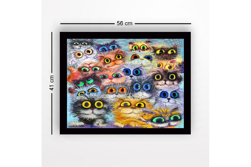 Innrammet lerretsbilde i tre - 41x56 cm - Fargerik samling av kattefjes med store øyne - Oransje / Svart / Blå - Interiør - Maleri & posters - Lerretsbilder