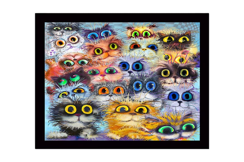 Innrammet lerretsbilde i tre - 41x56 cm - Fargerik samling av kattefjes med store øyne, Oransje / Svart / Blå
