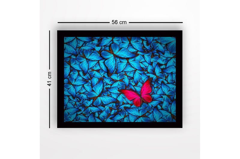 Innrammet lerretsbilde i tre - 41x56 cm - Fargerik samling av sommerfugler med en fremtredende rosa sommerfugl - Blå / Rosa - Interiør - Maleri & posters - Lerretsbilder