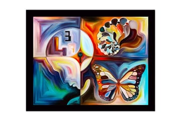 Innrammet lerretsbilde i tre - 41x56 cm - Fargerik sommerfugl med abstrakte former og mønstre - Blå / Oransje / Hvit - Interiør - Maleri & posters - Lerretsbilder