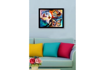 Innrammet lerretsbilde i tre - 41x56 cm - Fargerik sommerfugl med abstrakte former og mønstre - Blå / Oransje / Hvit - Interiør - Maleri & posters - Lerretsbilder