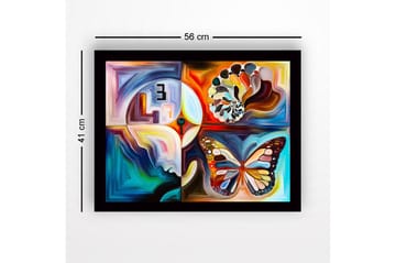 Innrammet lerretsbilde i tre - 41x56 cm - Fargerik sommerfugl med abstrakte former og mønstre - Blå / Oransje / Hvit - Interiør - Maleri & posters - Lerretsbilder