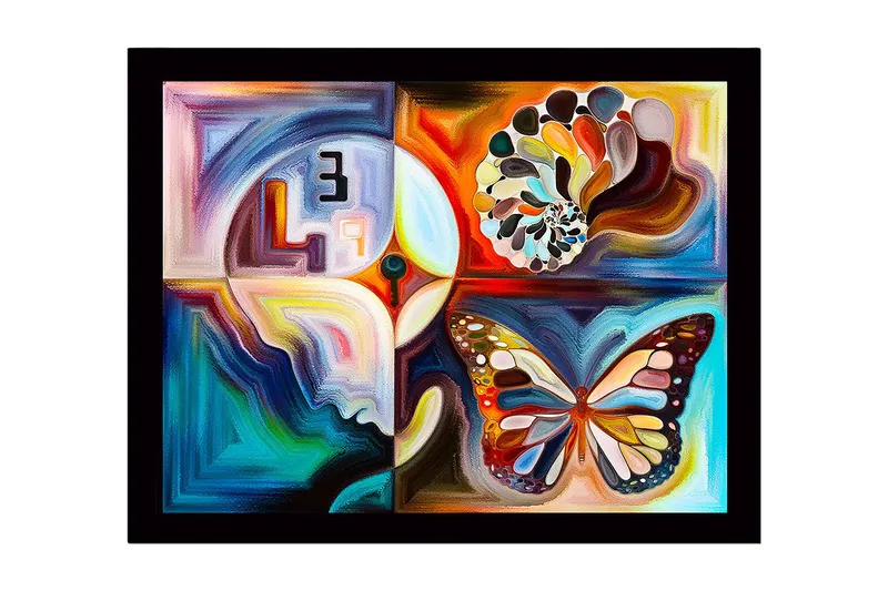 Innrammet lerretsbilde i tre - 41x56 cm - Fargerik sommerfugl med abstrakte former og mønstre, Blå / Oransje / Hvit