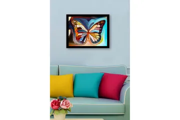 Innrammet lerretsbilde i tre - 41x56 cm - Fargerik sommerfugl med detaljerte mønstre - Blå / Oransje / Gul - Interiør - Maleri & posters - Lerretsbilder