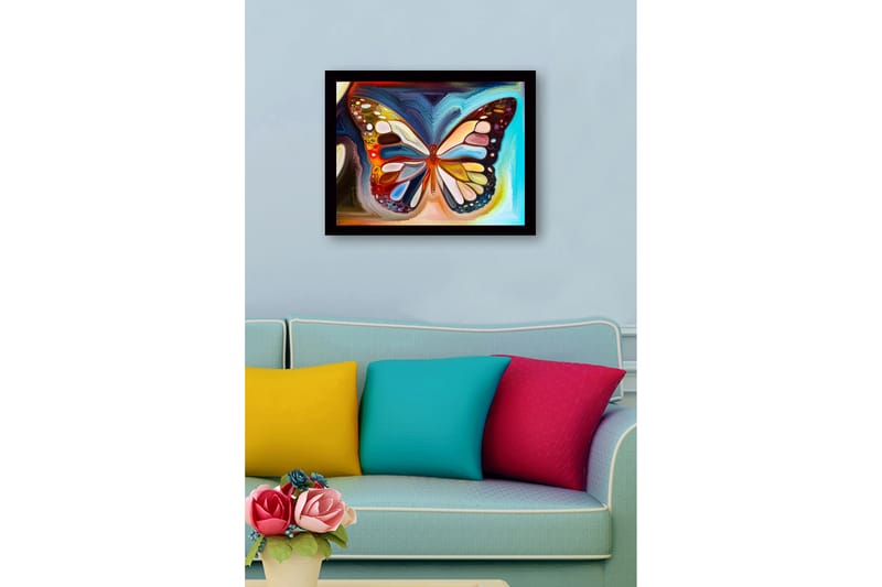 Innrammet lerretsbilde i tre - 41x56 cm - Fargerik sommerfugl med detaljerte mønstre - Blå / Oransje / Gul - Interiør - Maleri & posters - Lerretsbilder