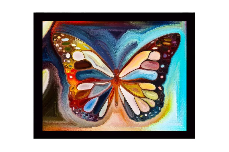 Innrammet lerretsbilde i tre - 41x56 cm - Fargerik sommerfugl med detaljerte mønstre, Blå / Oransje / Gul