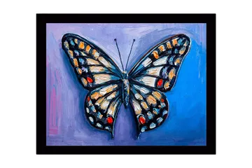 Innrammet lerretsbilde i tre - 41x56 cm - Fargerik sommerfugl med detaljerte vinger - Blå / Oransje / Svart - Interiør - Maleri & posters - Lerretsbilder