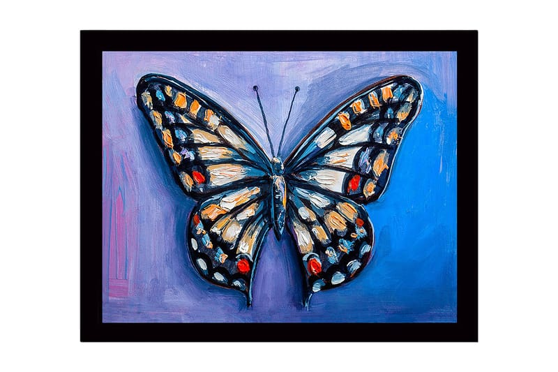 Innrammet lerretsbilde i tre - 41x56 cm - Fargerik sommerfugl med detaljerte vinger, Blå / Oransje / Svart