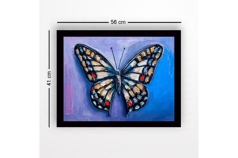 Innrammet lerretsbilde i tre - 41x56 cm - Fargerik sommerfugl med detaljerte vinger - Blå / Oransje / Svart - Interiør - Maleri & posters - Lerretsbilder