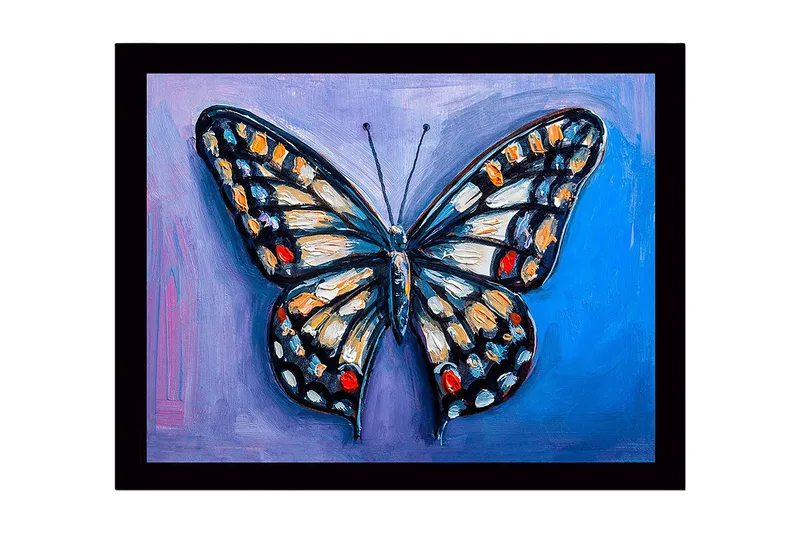 Innrammet lerretsbilde i tre - 41x56 cm - Fargerik sommerfugl med detaljerte vinger, Blå / Oransje / Svart