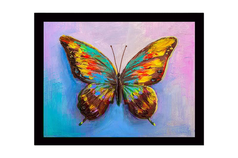 Innrammet lerretsbilde i tre - 41x56 cm - Fargerik sommerfugl med detaljerte vinger, Gull / Brun / Turkis