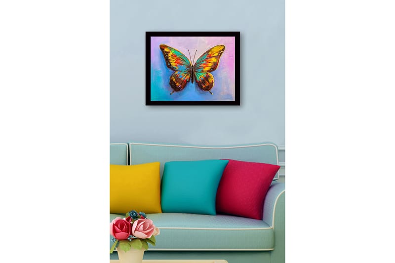Innrammet lerretsbilde i tre - 41x56 cm - Fargerik sommerfugl med detaljerte vinger - Gull / Brun / Turkis - Interiør - Maleri & posters - Lerretsbilder