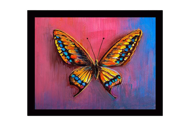 Innrammet lerretsbilde i tre - 41x56 cm - Fargerik sommerfugl med detaljerte vinger, Oransje / Blå / Rosa