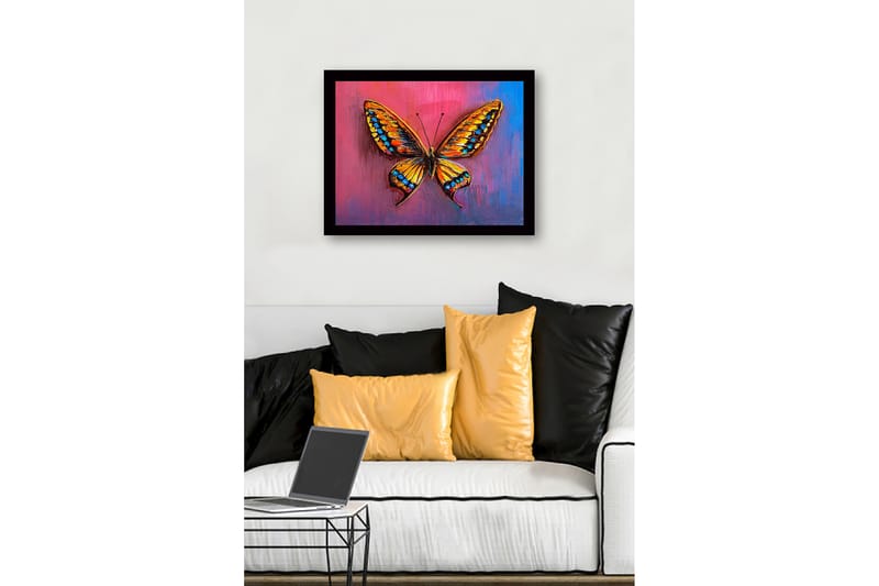 Innrammet lerretsbilde i tre - 41x56 cm - Fargerik sommerfugl med detaljerte vinger - Oransje / Blå / Rosa - Interiør - Maleri & posters - Lerretsbilder