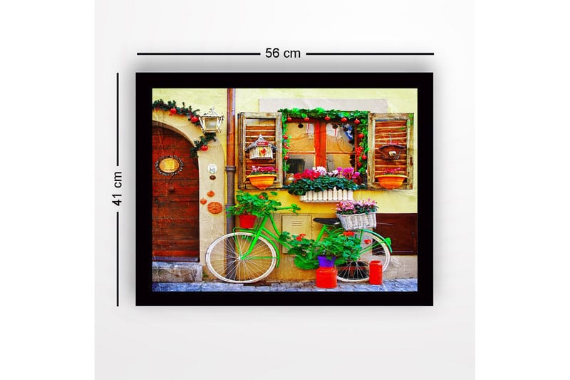 Innrammet lerretsbilde i tre - 41x56 cm - Fargerik sykkel med blomster og dekorasjoner ved en sjarmerende dør - Grønn / Rød / Rosa - Interiør - Maleri & posters - Lerretsbilder