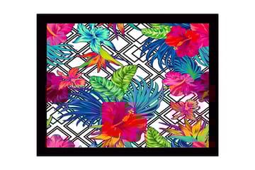 Innrammet lerretsbilde i tre - 41x56 cm - Fargerik tropisk blomsterdesign med hibiskus og løvverk - Rød / Grønn / Blå - Interiør - Maleri & posters - Lerretsbilder