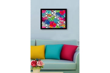 Innrammet lerretsbilde i tre - 41x56 cm - Fargerik tropisk blomsterdesign med hibiskus og løvverk - Rød / Grønn / Blå - Interiør - Maleri & posters - Lerretsbilder