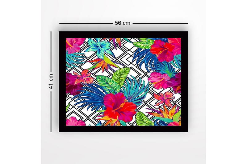 Innrammet lerretsbilde i tre - 41x56 cm - Fargerik tropisk blomsterdesign med hibiskus og løvverk - Rød / Grønn / Blå - Interiør - Maleri & posters - Lerretsbilder