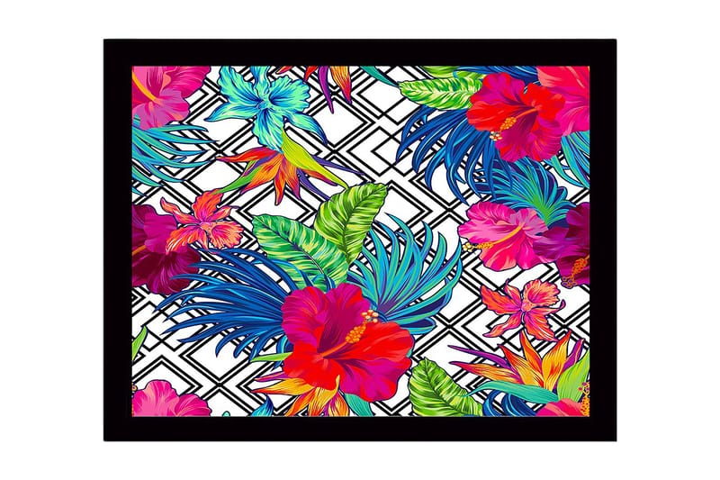 Innrammet lerretsbilde i tre - 41x56 cm - Fargerik tropisk blomsterdesign med hibiskus og løvverk, Rød / Grønn / Blå