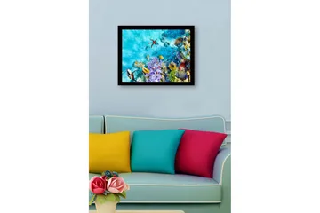 Innrammet lerretsbilde i tre - 41x56 cm - Fargerik undervannsscene med korallrev og fisk - Turkis / Lilla / Rød - Interiør - Maleri & posters - Lerretsbilder