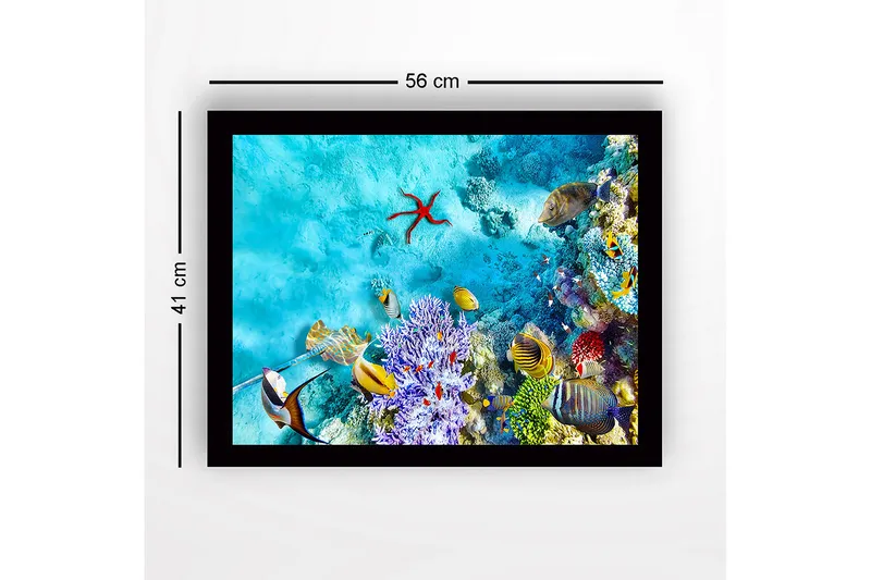 Innrammet lerretsbilde i tre - 41x56 cm - Fargerik undervannsscene med korallrev og fisk - Turkis / Lilla / Rød - Interiør - Maleri & posters - Lerretsbilder