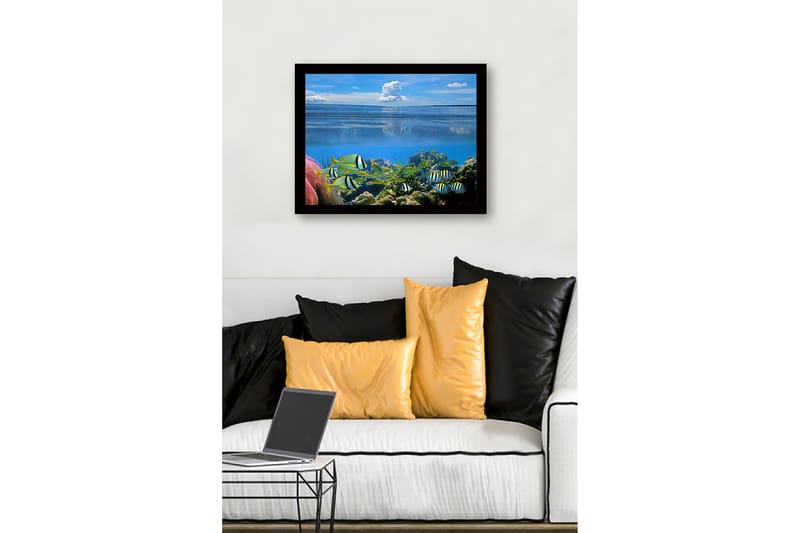 Innrammet lerretsbilde i tre - 41x56 cm - Fargerik undervannsscene med svømmende fisk og korallrev - Blå / Grønn / Gul - Interiør - Maleri & posters - Lerretsbilder