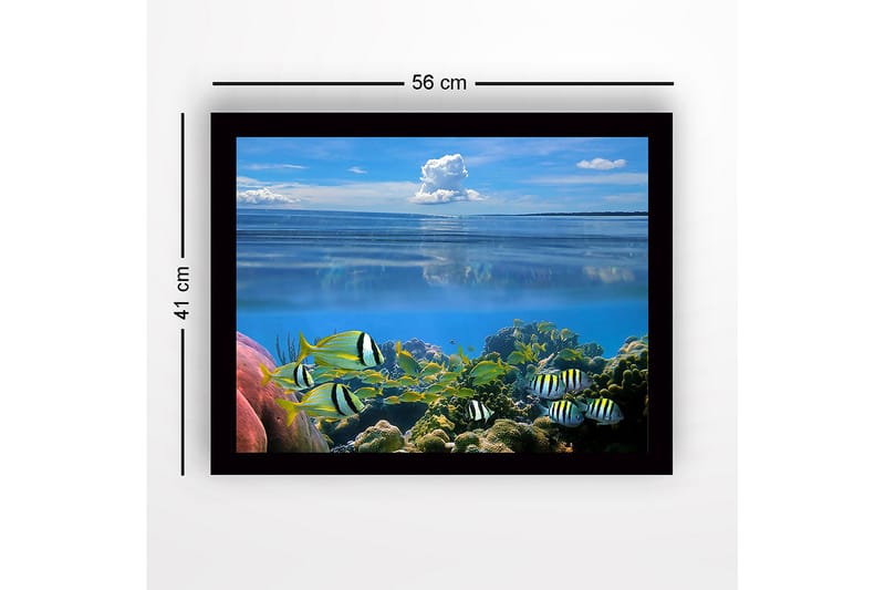 Innrammet lerretsbilde i tre - 41x56 cm - Fargerik undervannsscene med svømmende fisk og korallrev - Blå / Grønn / Gul - Interiør - Maleri & posters - Lerretsbilder