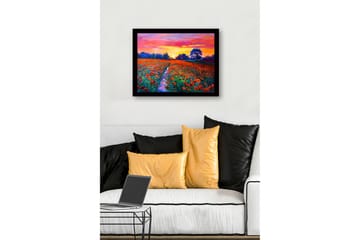 Innrammet lerretsbilde i tre - 41x56 cm - Fargerik valmueeng under en solnedgang - Oransje / Grønn / Lilla - Interiør - Maleri & posters - Lerretsbilder