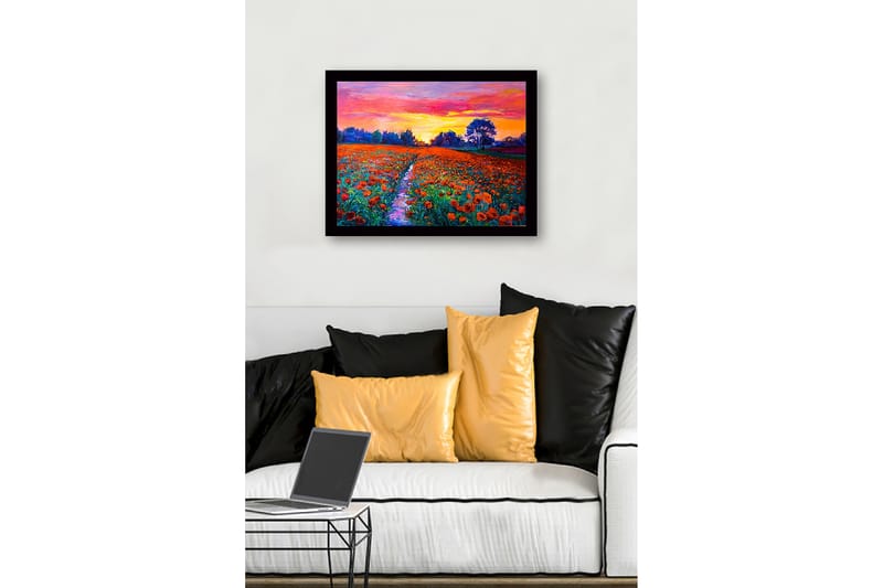 Innrammet lerretsbilde i tre - 41x56 cm - Fargerik valmueeng under en solnedgang - Oransje / Grønn / Lilla - Interiør - Maleri & posters - Lerretsbilder