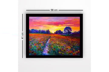 Innrammet lerretsbilde i tre - 41x56 cm - Fargerik valmueeng under en solnedgang - Oransje / Grønn / Lilla - Interiør - Maleri & posters - Lerretsbilder