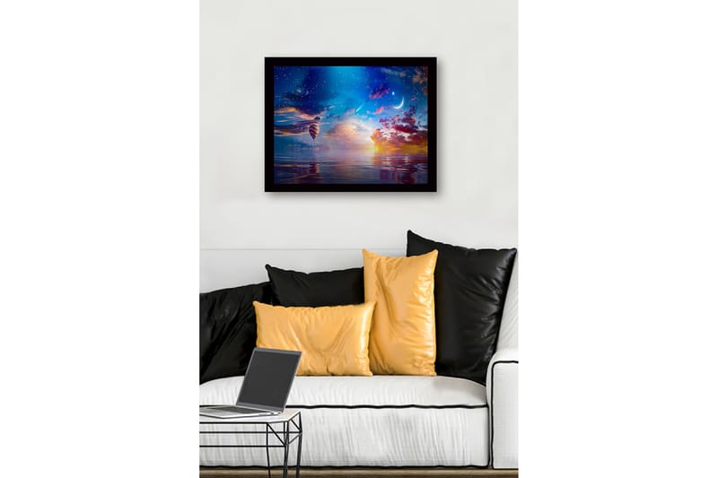 Innrammet lerretsbilde i tre - 41x56 cm - Fargerik varmluftsballong som svever over en speilblank innsjø ved solnedgang - Blå / Oransje / Lilla - Interiør - Maleri & posters - Lerretsbilder