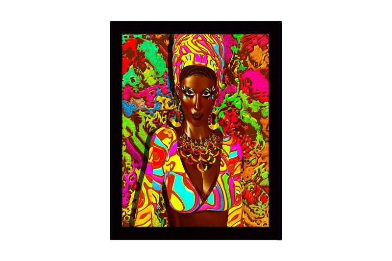 Innrammet lerretsbilde i tre - 41x56 cm - Fargerik portrett av en kvinne med tradisjonelle smykker og klær, Rosa / Grønn / Oransje