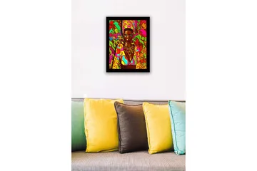 Innrammet lerretsbilde i tre - 41x56 cm - Fargerik portrett av en kvinne med tradisjonelle smykker og klær - Rosa / Grønn / Oransje - Interiør - Maleri & posters - Lerretsbilder