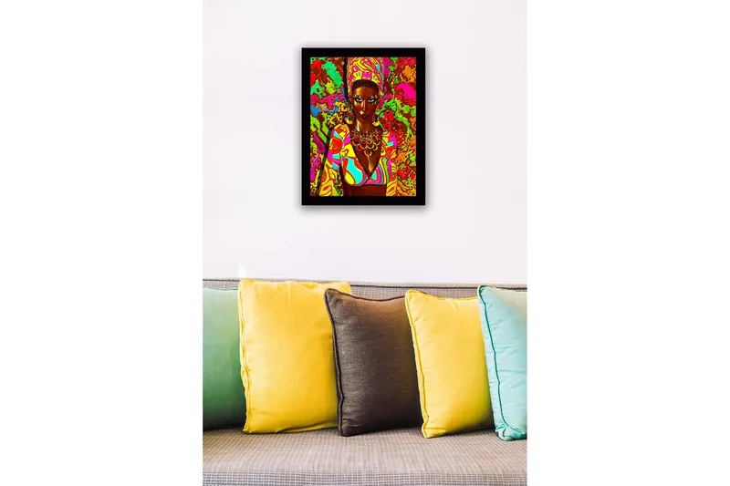 Innrammet lerretsbilde i tre - 41x56 cm - Fargerik portrett av en kvinne med tradisjonelle smykker og klær - Rosa / Grønn / Oransje - Interiør - Maleri & posters - Lerretsbilder