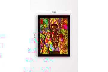 Innrammet lerretsbilde i tre - 41x56 cm - Fargerik portrett av en kvinne med tradisjonelle smykker og klær - Rosa / Grønn / Oransje - Interiør - Maleri & posters - Lerretsbilder