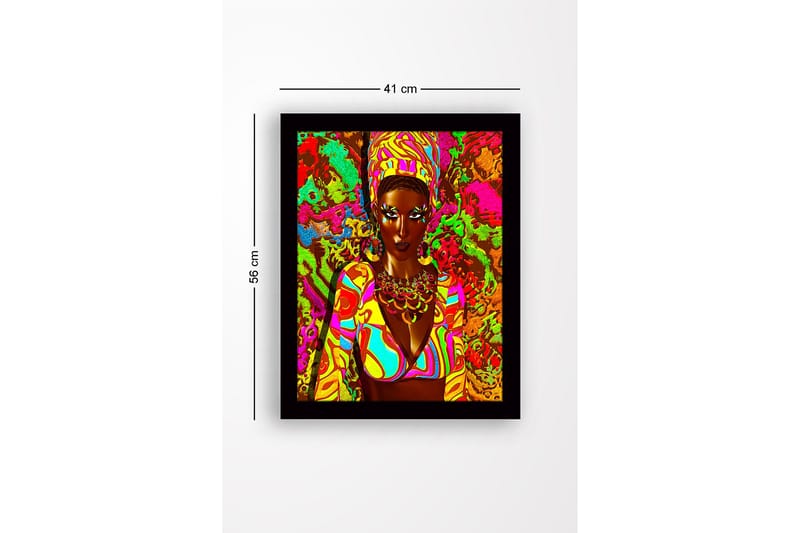 Innrammet lerretsbilde i tre - 41x56 cm - Fargerik portrett av en kvinne med tradisjonelle smykker og klær - Rosa / Grønn / Oransje - Interiør - Maleri & posters - Lerretsbilder