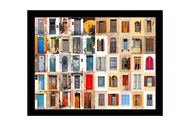 Innrammet lerretsbilde i tre - 41x56 cm - Fargerike dører og vinduer i en mosaikk av forskjellige stiler - Blå / Rød / Beige - Interiør - Maleri & posters - Lerretsbilder