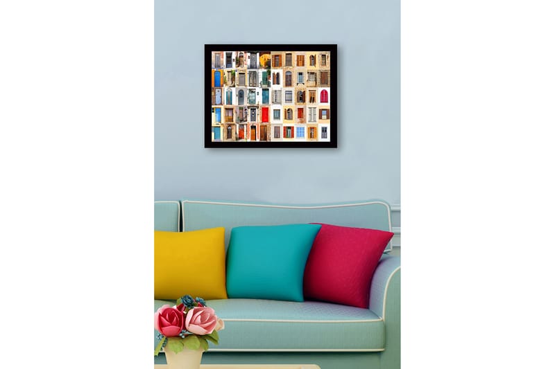 Innrammet lerretsbilde i tre - 41x56 cm - Fargerike dører og vinduer i en mosaikk av forskjellige stiler - Blå / Rød / Beige - Interiør - Maleri & posters - Lerretsbilder