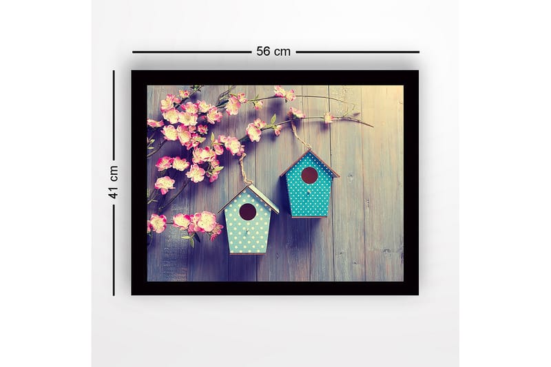 Innrammet lerretsbilde i tre - 41x56 cm - Fargerike fuglehus hengende blant blomster - Rosa / Turkis - Interiør - Maleri & posters - Lerretsbilder