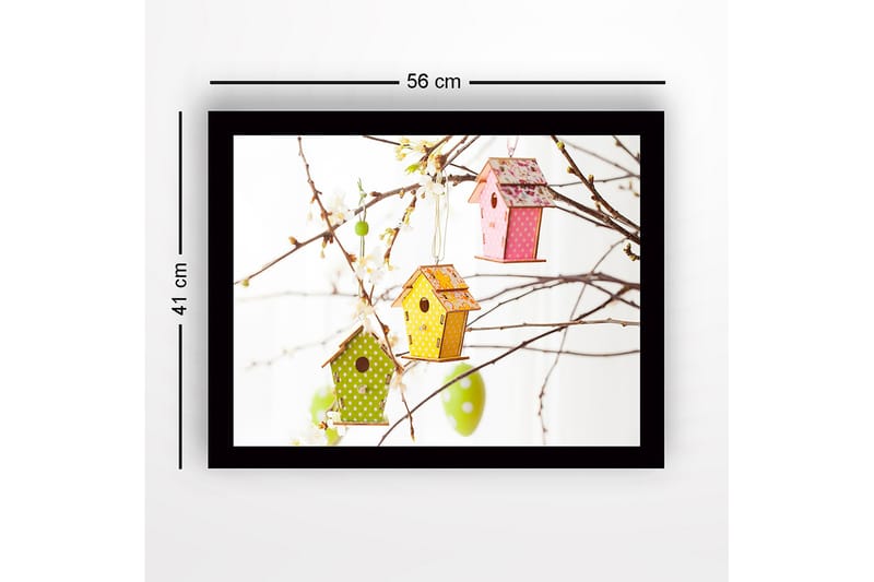 Innrammet lerretsbilde i tre - 41x56 cm - Fargerike fuglekasser hengende i blomstergrener - Grønn / Rosa / Gul - Interiør - Maleri & posters - Lerretsbilder