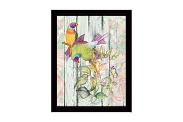 Innrammet lerretsbilde i tre - 41x56 cm - Fargerike fugler i botanisk komposisjon - Grønn / Gul / Lilla - Interiør - Maleri & posters - Lerretsbilder