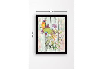 Innrammet lerretsbilde i tre - 41x56 cm - Fargerike fugler i botanisk komposisjon - Grønn / Gul / Lilla - Interiør - Maleri & posters - Lerretsbilder