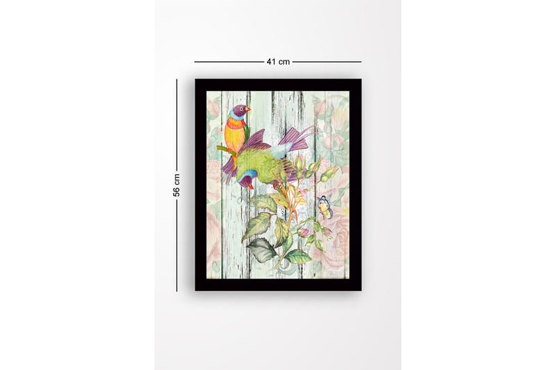 Innrammet lerretsbilde i tre - 41x56 cm - Fargerike fugler i botanisk komposisjon - Grønn / Gul / Lilla - Interiør - Maleri & posters - Lerretsbilder