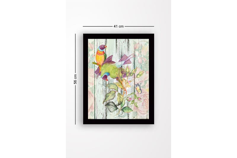 Innrammet lerretsbilde i tre - 41x56 cm - Fargerike fugler i botanisk komposisjon - Grønn / Gul / Lilla - Interiør - Maleri & posters - Lerretsbilder