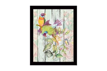 Innrammet lerretsbilde i tre - 41x56 cm - Fargerike fugler i botanisk komposisjon - Grønn / Gul / Lilla - Interiør - Maleri & posters - Lerretsbilder