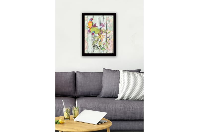 Innrammet lerretsbilde i tre - 41x56 cm - Fargerike fugler i botanisk komposisjon - Grønn / Gul / Lilla - Interiør - Maleri & posters - Lerretsbilder