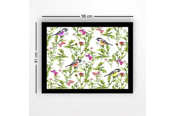 Innrammet lerretsbilde i tre - 41x56 cm - Fargerike fugler omgitt av blomster og grønne planter - Grønn / Rosa / Gul - Interiør - Maleri & posters - Lerretsbilder