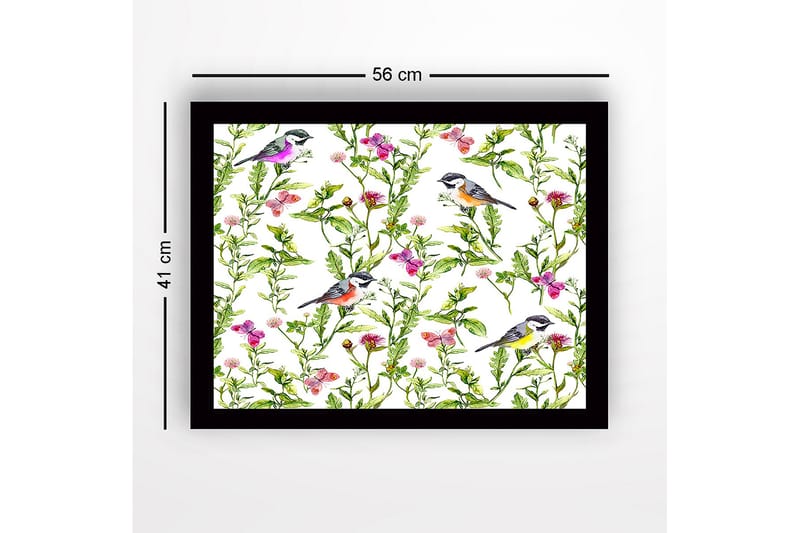 Innrammet lerretsbilde i tre - 41x56 cm - Fargerike fugler omgitt av blomster og grønne planter - Grønn / Rosa / Gul - Interiør - Maleri & posters - Lerretsbilder